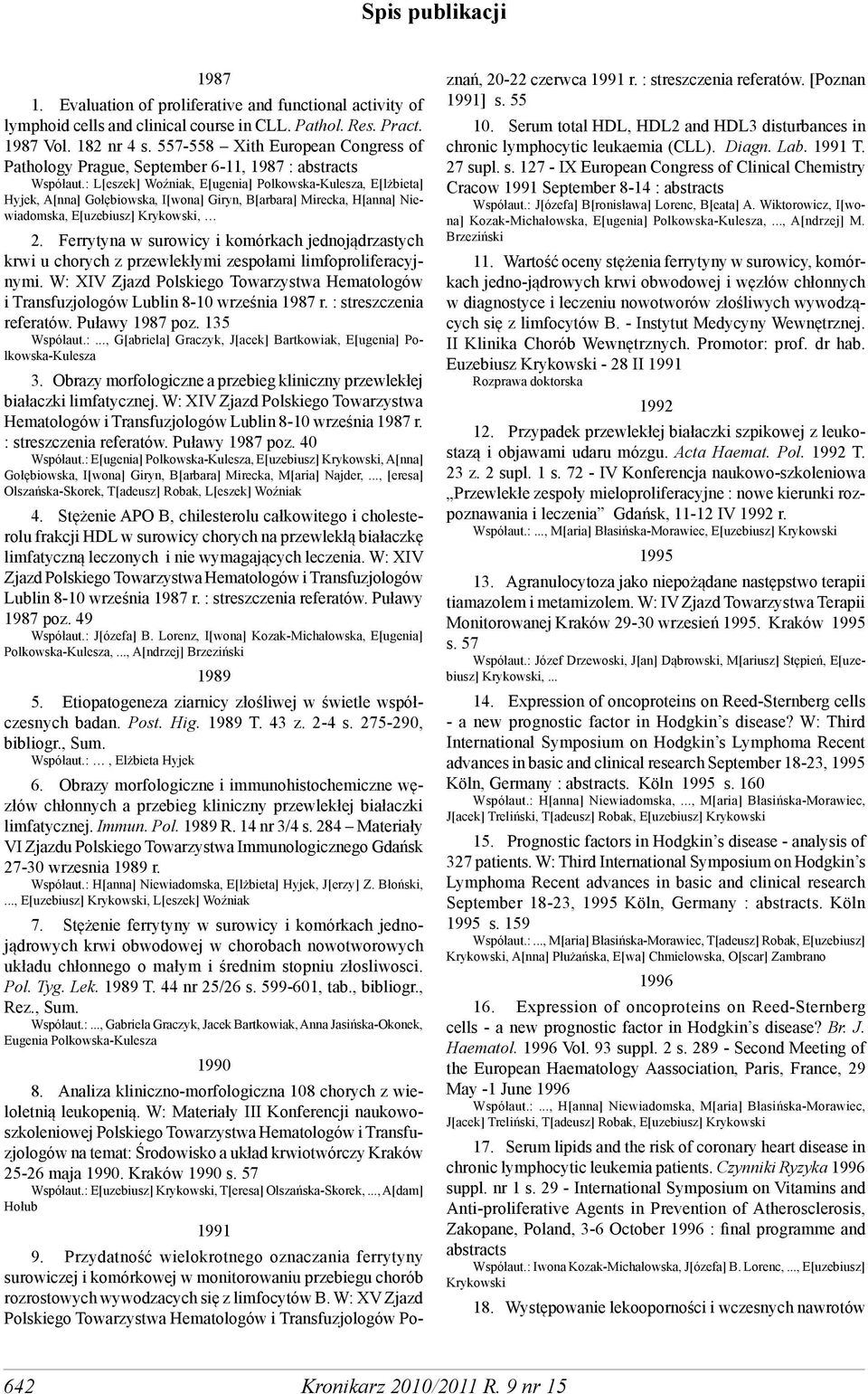 : L[eszek] Woźniak, E[ugenia] Polkowska-Kulesza, E[lżbieta] Hyjek, A[nna] Gołębiowska, I[wona] Giryn, B[arbara] Mirecka, H[anna] Niewiadomska, E[uzebiusz] Krykowski, 2.