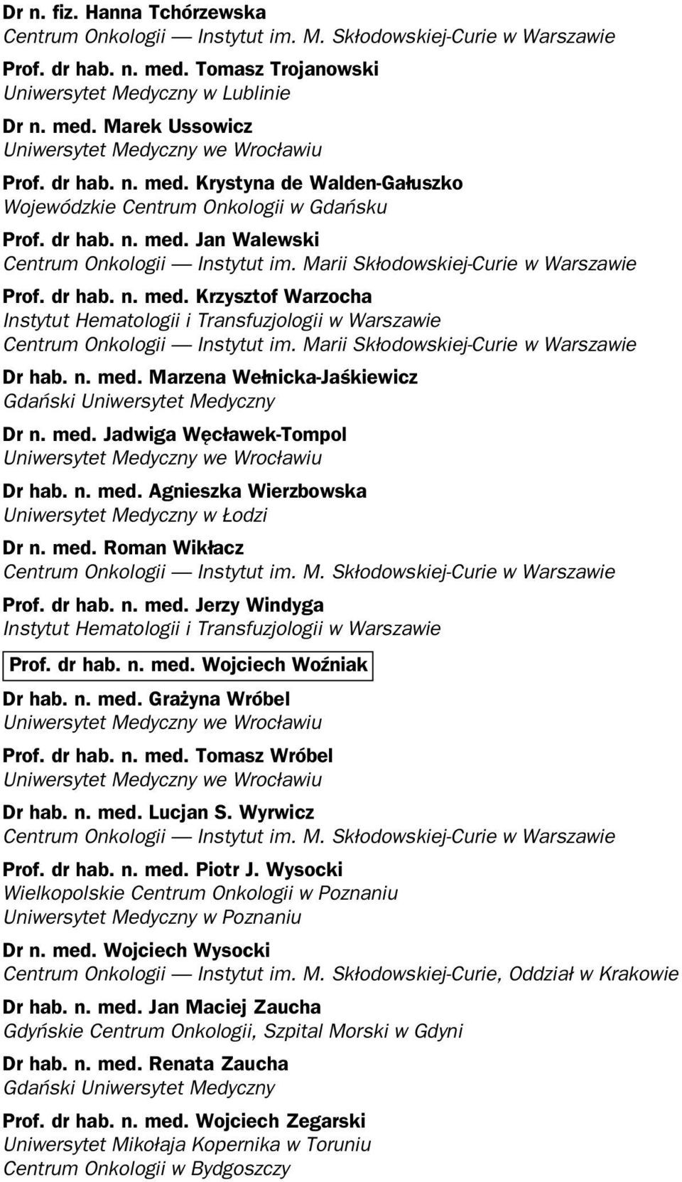 Marii Skłodowskiej-Curie w Warszawie Dr hab. n. med. Marzena Wełnicka-Jaśkiewicz Dr n. med. Jadwiga Węcławek-Tompol Dr hab. n. med. Agnieszka Wierzbowska Uniwersytet Medyczny w Łodzi Dr n. med. Roman Wikłacz Prof.