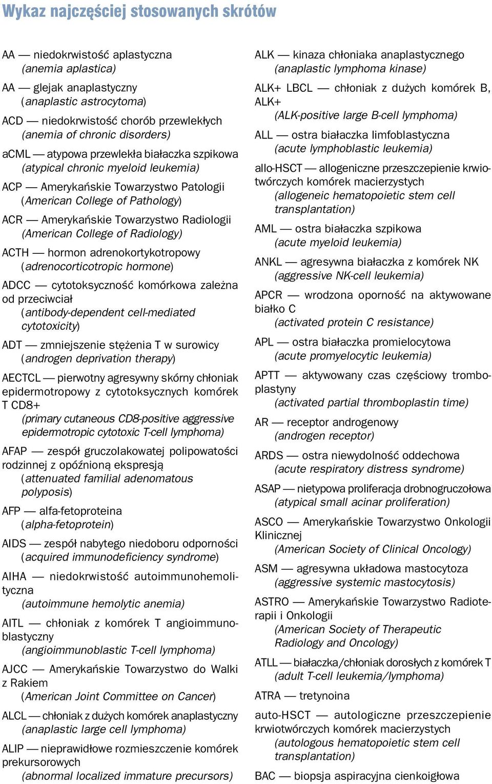 Radiologii (American College of Radiology) ACTH hormon adrenokortykotropowy (adrenocorticotropic hormone) ADCC cytotoksyczność komórkowa zależna od przeciwciał (antibody-dependent cell-mediated