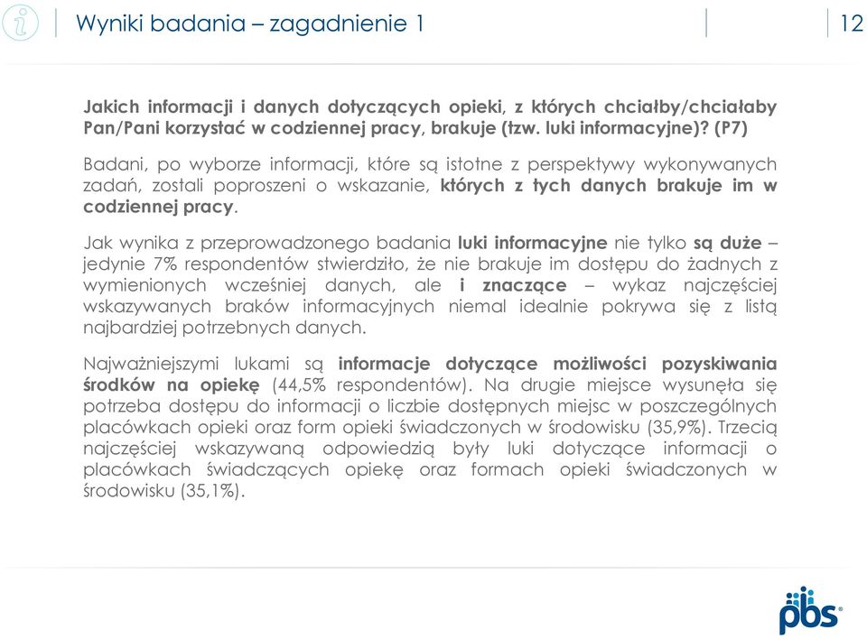 Jak wynika z przeprowadzonego badania luki informacyjne nie tylko są duże jedynie 7% respondentów stwierdziło, że nie brakuje im dostępu do żadnych z wymienionych wcześniej danych, ale i znaczące