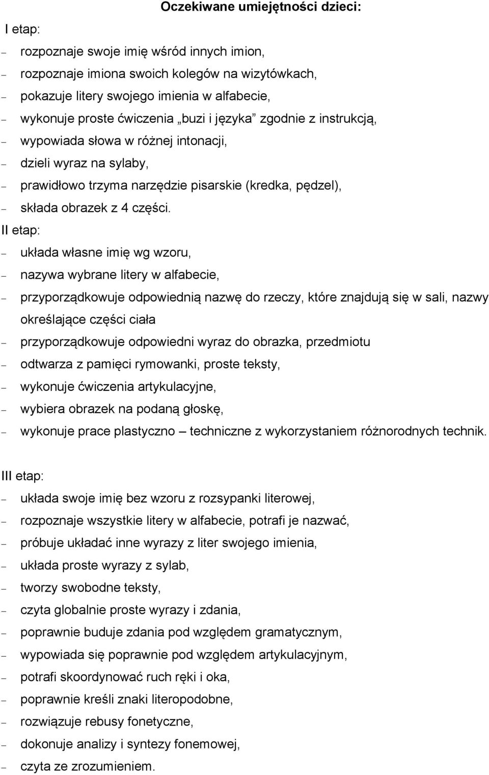 II etap: układa własne imię wg wzoru, nazywa wybrane litery w alfabecie, przyporządkowuje odpowiednią nazwę do rzeczy, które znajdują się w sali, nazwy określające części ciała przyporządkowuje