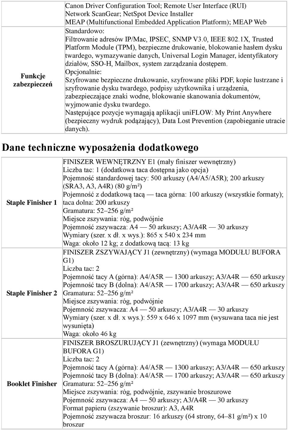 1X, Trusted Platform Module (TPM), bezpieczne drukowanie, blokowanie hasłem dysku twardego, wymazywanie danych, Universal Login Manager, identyfikatory działów, SSO-H, Mailbox, system zarządzania