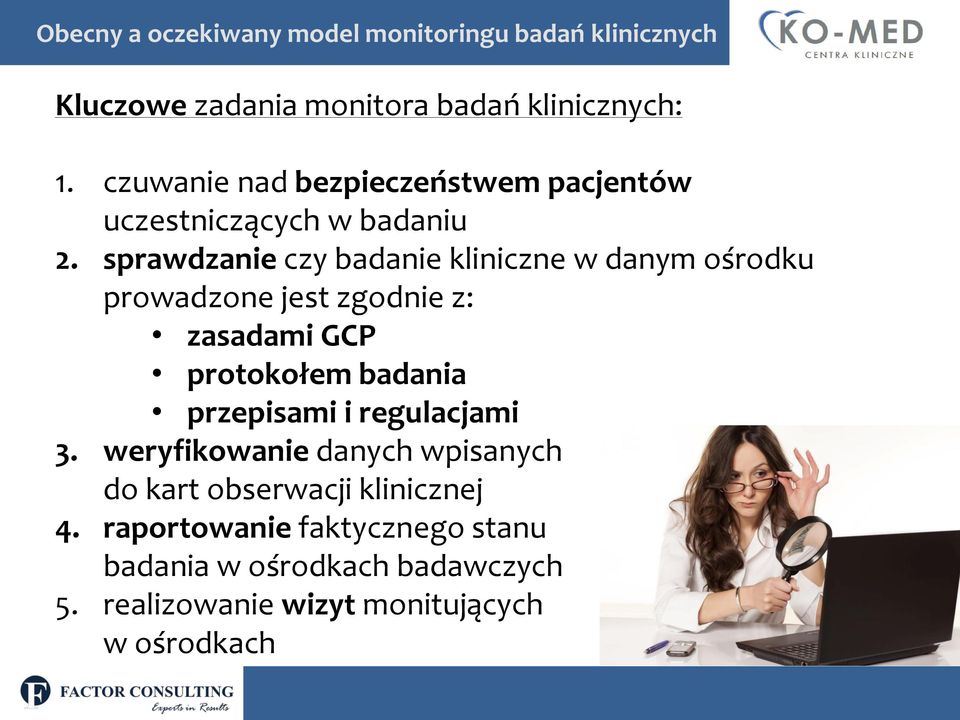 sprawdzanie czy badanie kliniczne w danym ośrodku prowadzone jest zgodnie z: zasadami GCP protokołem badania przepisami