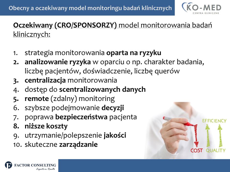 charakter badania, liczbę pacjentów, doświadczenie, liczbę querów 3. centralizacja monitorowania 4.