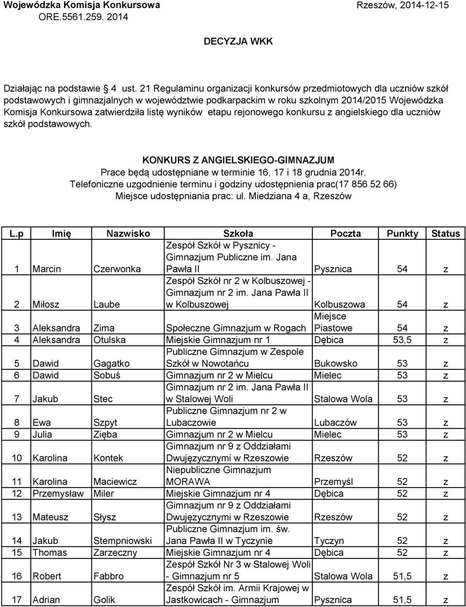 listę wyników etapu rejonowego konkursu z angielskiego dla uczniów szkół podstawowych. KONKURS Z ANGIELSKIEGO-GIMNAZJUM Prace będą udostępniane w terminie 16, 17 i 18 grudnia 2014r.