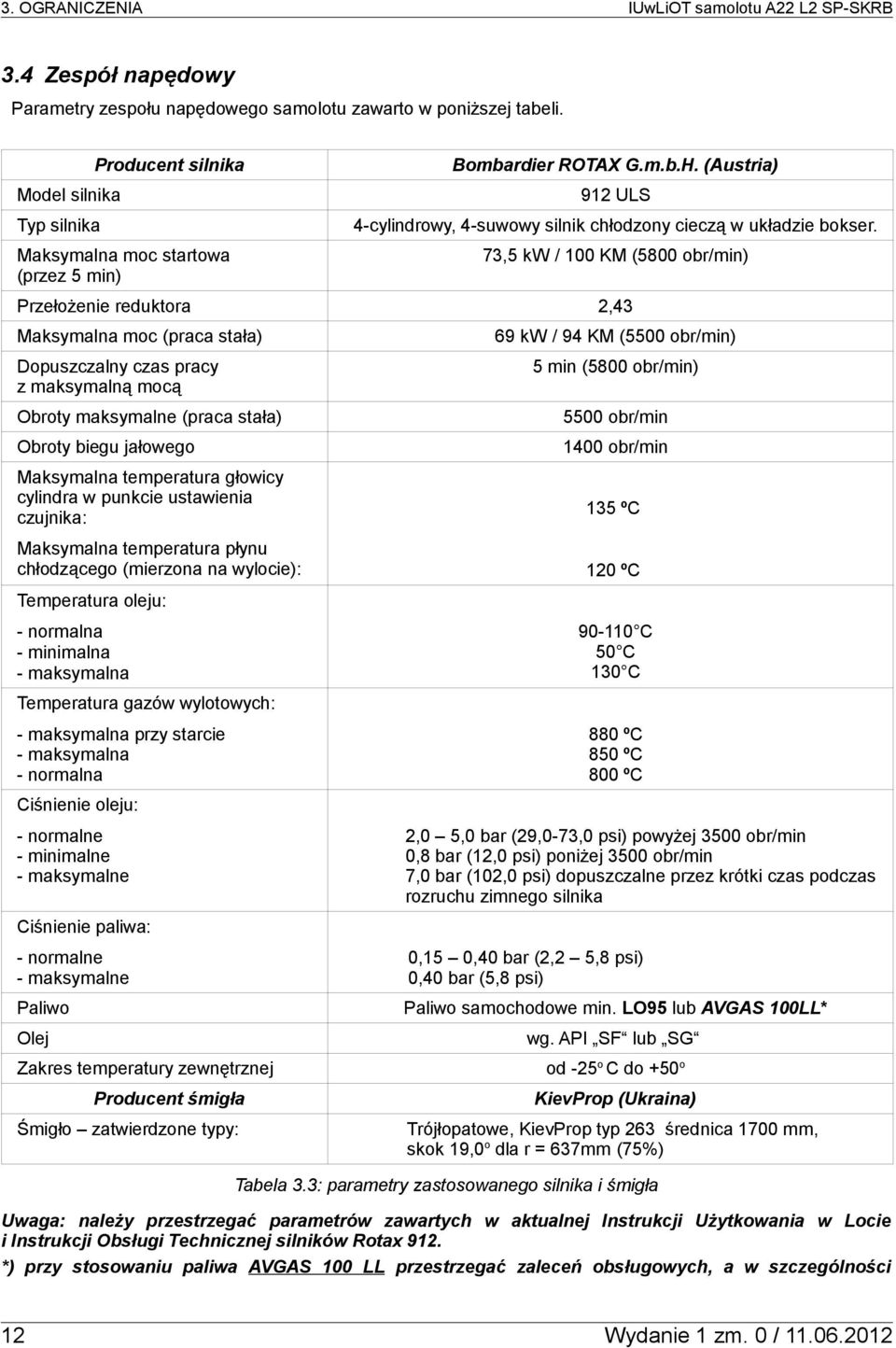 Maksymalna moc startowa (przez 5 min) 73,5 kw / 100 KM (5800 obr/min) Przełożenie reduktora 2,43 Maksymalna moc (praca stała) Dopuszczalny czas pracy z maksymalną mocą 69 kw / 94 KM (5500 obr/min) 5