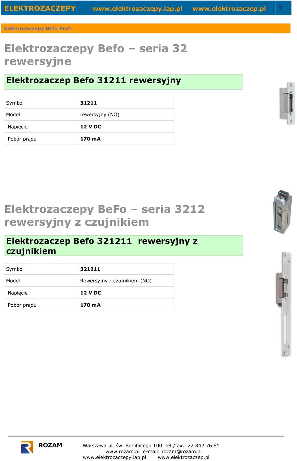 Elektrozaczepy BeFo seria 3212 rewersyjny z czujnikiem