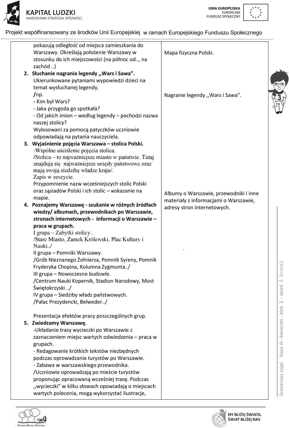 - Od jakich imion według legendy pochodzi nazwa naszej stolicy? Wylosowani za pomocą patyczków uczniowie odpowiadają na pytania nauczyciela. 3. Wyjaśnienie pojęcia Warszawa stolica Polski.