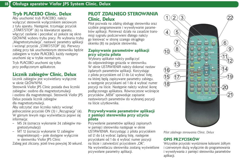 Po wybraniu trybu Magnetostymulacja, nastawić parametry aplikacji i wcisnąć przycisk START/STOP (6).