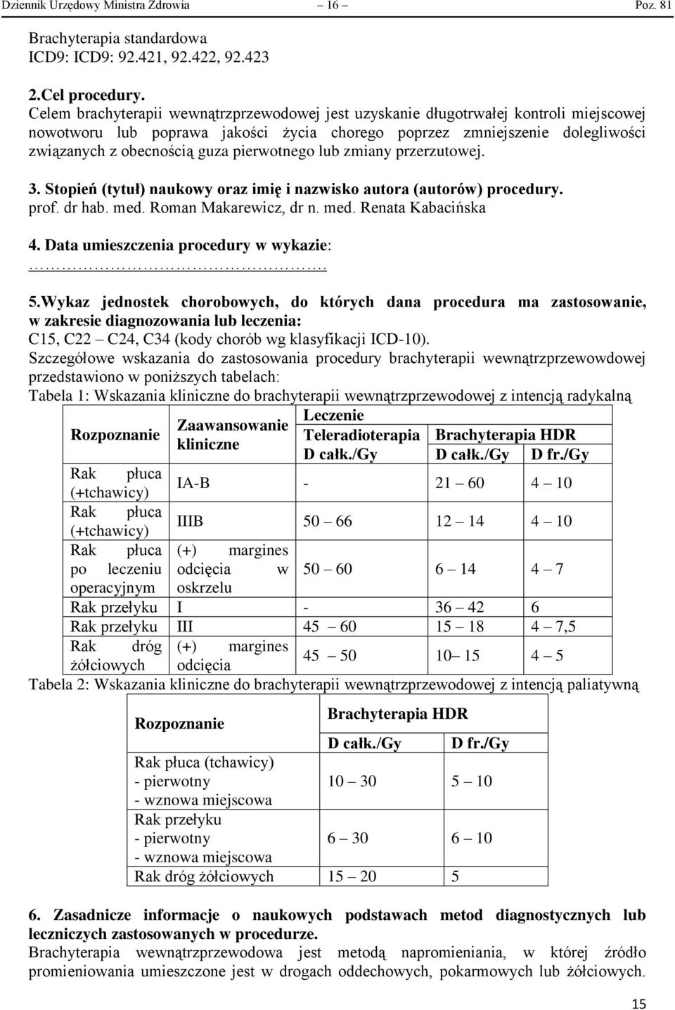 pierwotnego lub zmiany przerzutowej. 3. Stopień (tytuł) naukowy oraz imię i nazwisko autora (autorów) procedury. prof. dr hab. med. Roman Makarewicz, dr n. med. Renata Kabacińska 4.