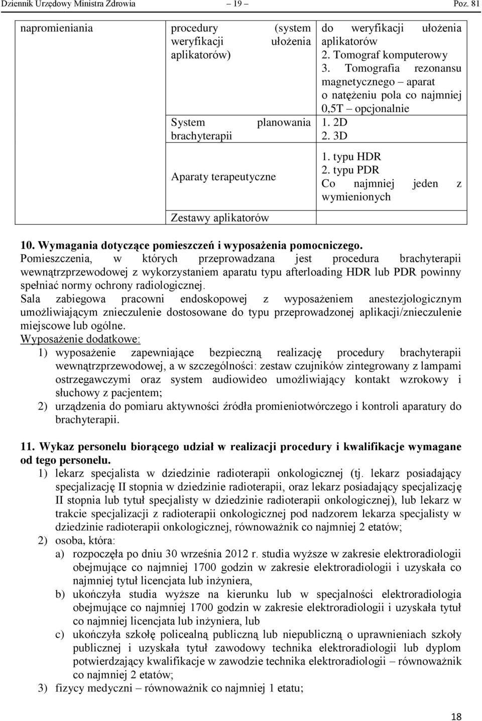 Tomograf komputerowy 3. Tomografia rezonansu magnetycznego aparat o natężeniu pola co najmniej 0,5T opcjonalnie 1. 2D 2. 3D 1. typu HDR 2. typu PDR Co najmniej jeden z wymienionych 10.