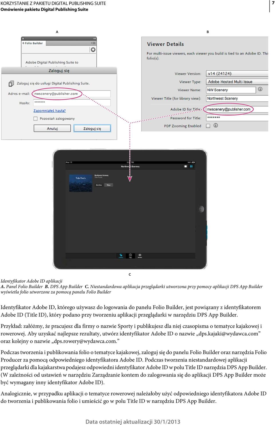 panelu Folio Builder, jest powiązany z identyfikatorem Adobe ID (Title ID), który podano przy tworzeniu aplikacji przeglądarki w narzędziu DPS App Builder.