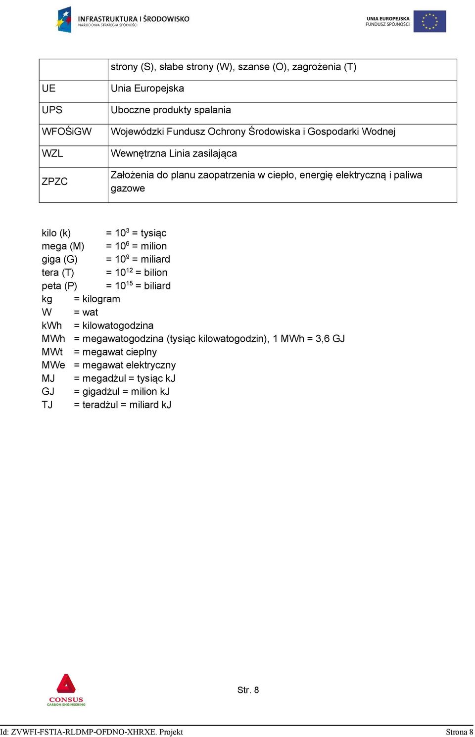 9 = miliard tera (T) = 10 12 = bilion peta (P) = 10 15 = biliard kg = kilogram W = wat kwh = kilowatogodzina MWh = megawatogodzina (tysiąc kilowatogodzin), 1 MWh = 3,6 GJ MWt =