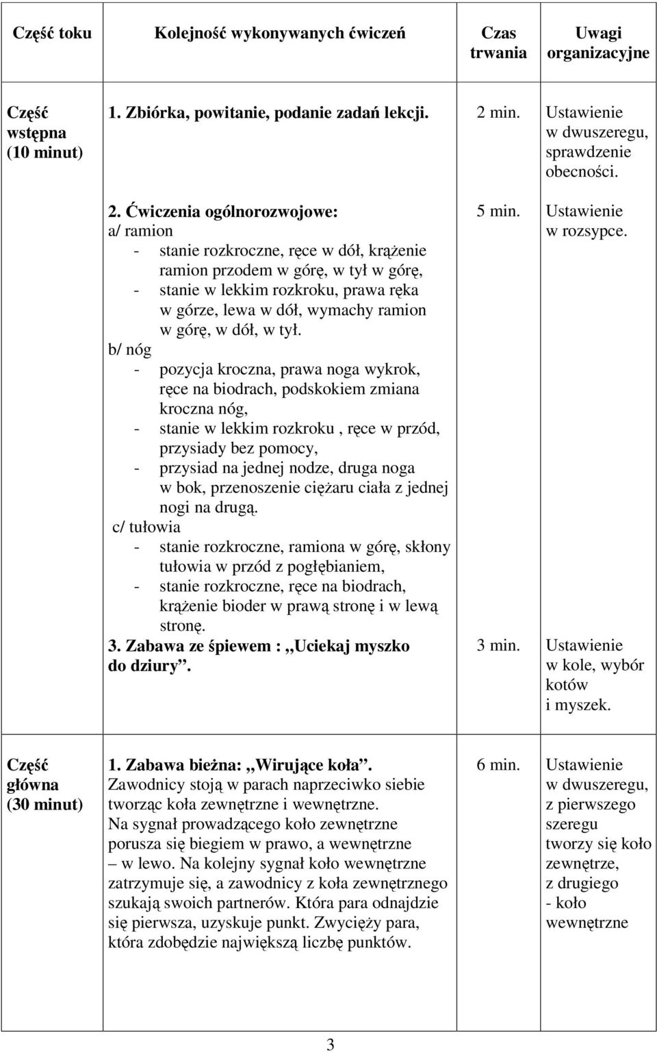 wiczenia ogólnorozwojowe: a/ ramion - stanie rozkroczne, rce w dół, krenie ramion przodem w gór, w tył w gór, - stanie w lekkim rozkroku, prawa rka w górze, lewa w dół, wymachy ramion w gór, w dół, w