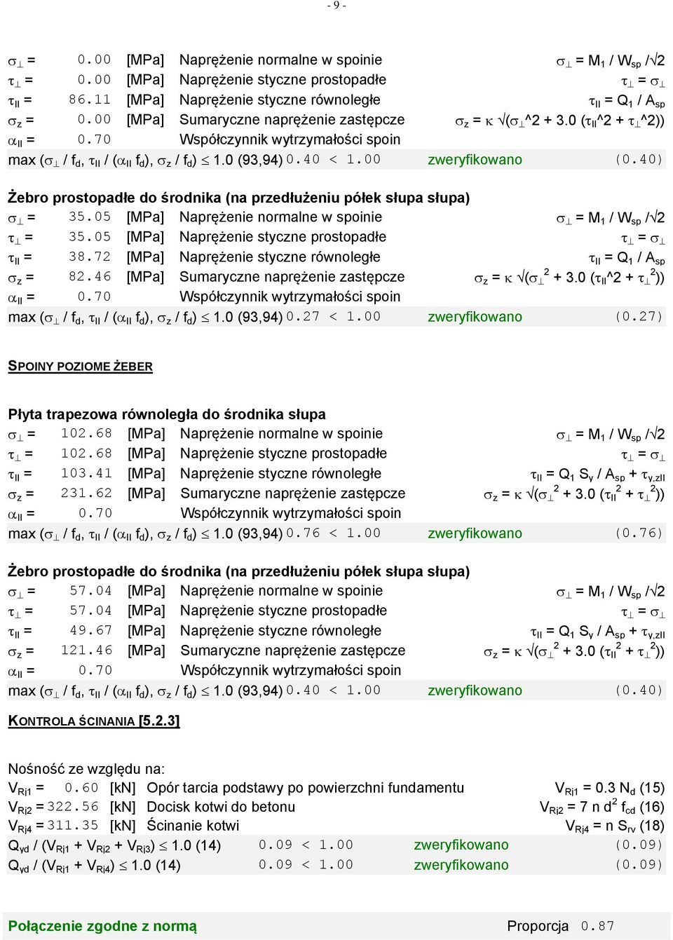 40) Żebro prostopadłe do środnika (na przedłużeniu półek słupa słupa) = 35.05 [MPa] Naprężenie normalne w spoinie = M 1 / W sp / = 35.05 [MPa] Naprężenie styczne prostopadłe = II = 38.