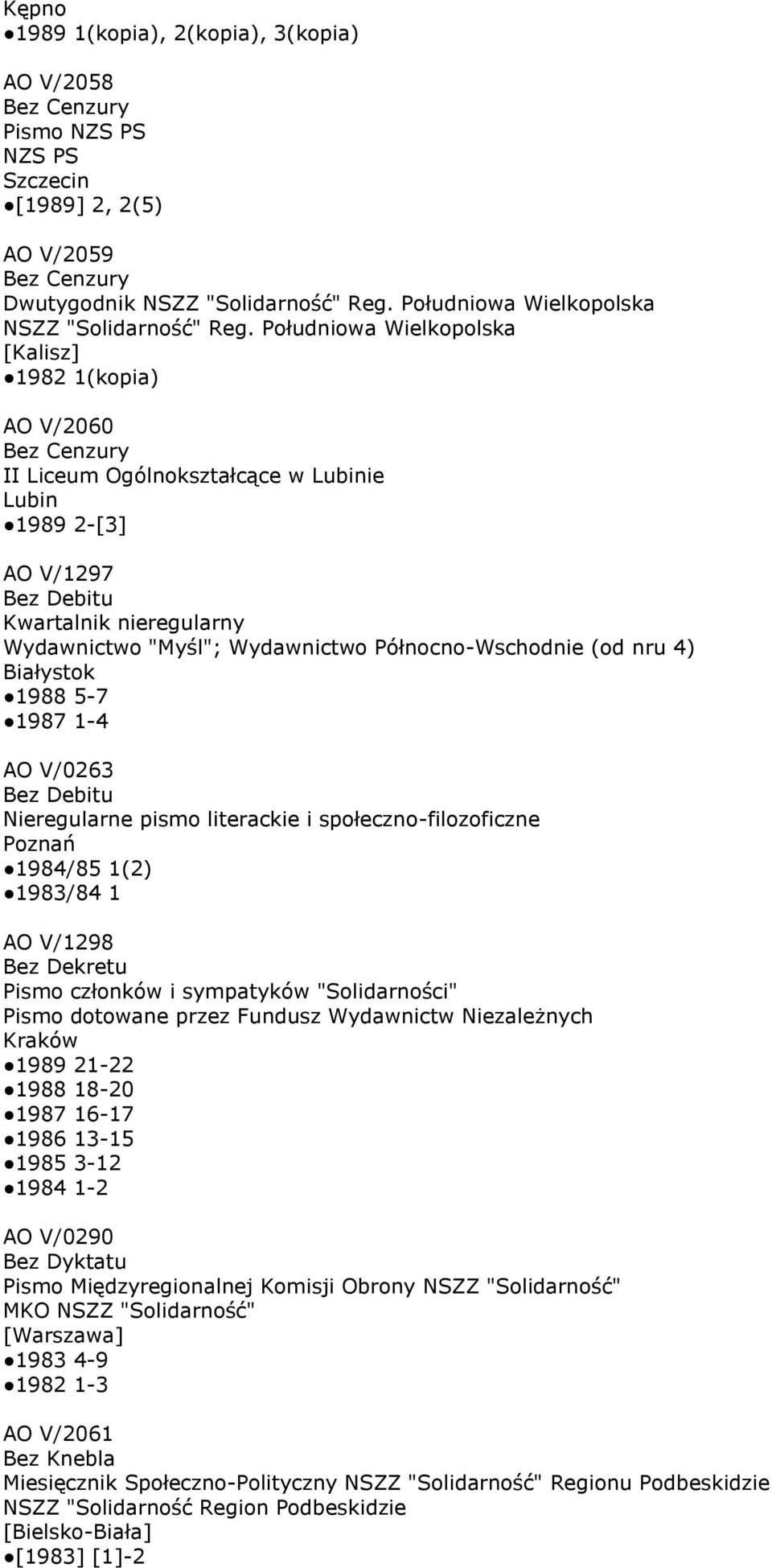 Południowa Wielkopolska [Kalisz] 1982 1(kopia) AO V/2060 Bez Cenzury II Liceum Ogólnokształcące w Lubinie Lubin 1989 2-[3] AO V/1297 Bez Debitu Kwartalnik nieregularny Wydawnictwo "Myśl"; Wydawnictwo