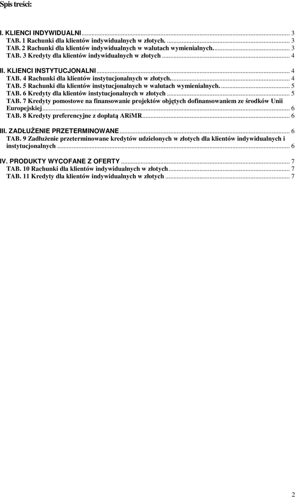 6 Kredyty dla klientów instytucjonalnych w złotych... 5 TAB. 7 Kredyty pomostowe na finansowanie projektów objętych dofinansowaniem ze środków Unii Europejskiej... 6 TAB.