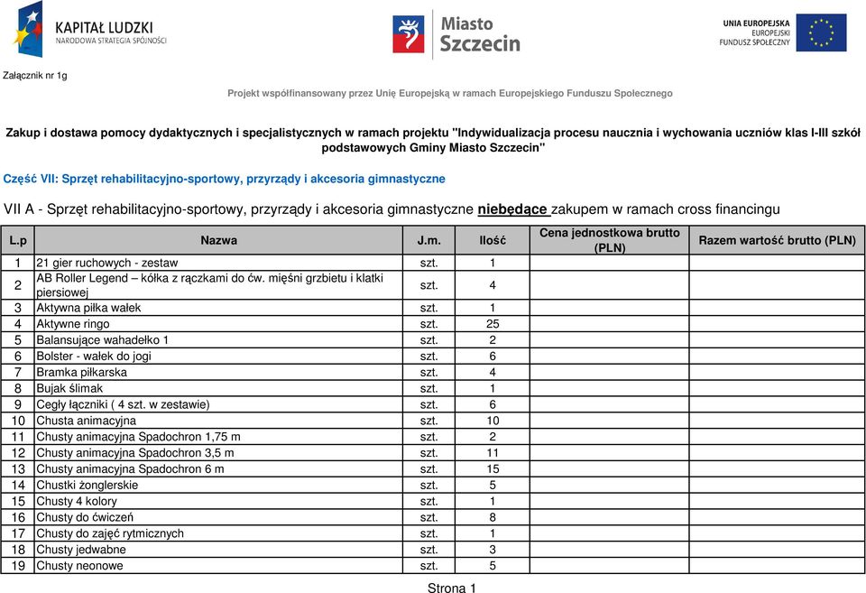 rehabilitacyjno-sportowy, przyrządy i akcesoria gimnastyczne niebędące zakupem w ramach cross financingu L.p Nazwa J.m. Ilość 1 21 gier ruchowych - zestaw szt.