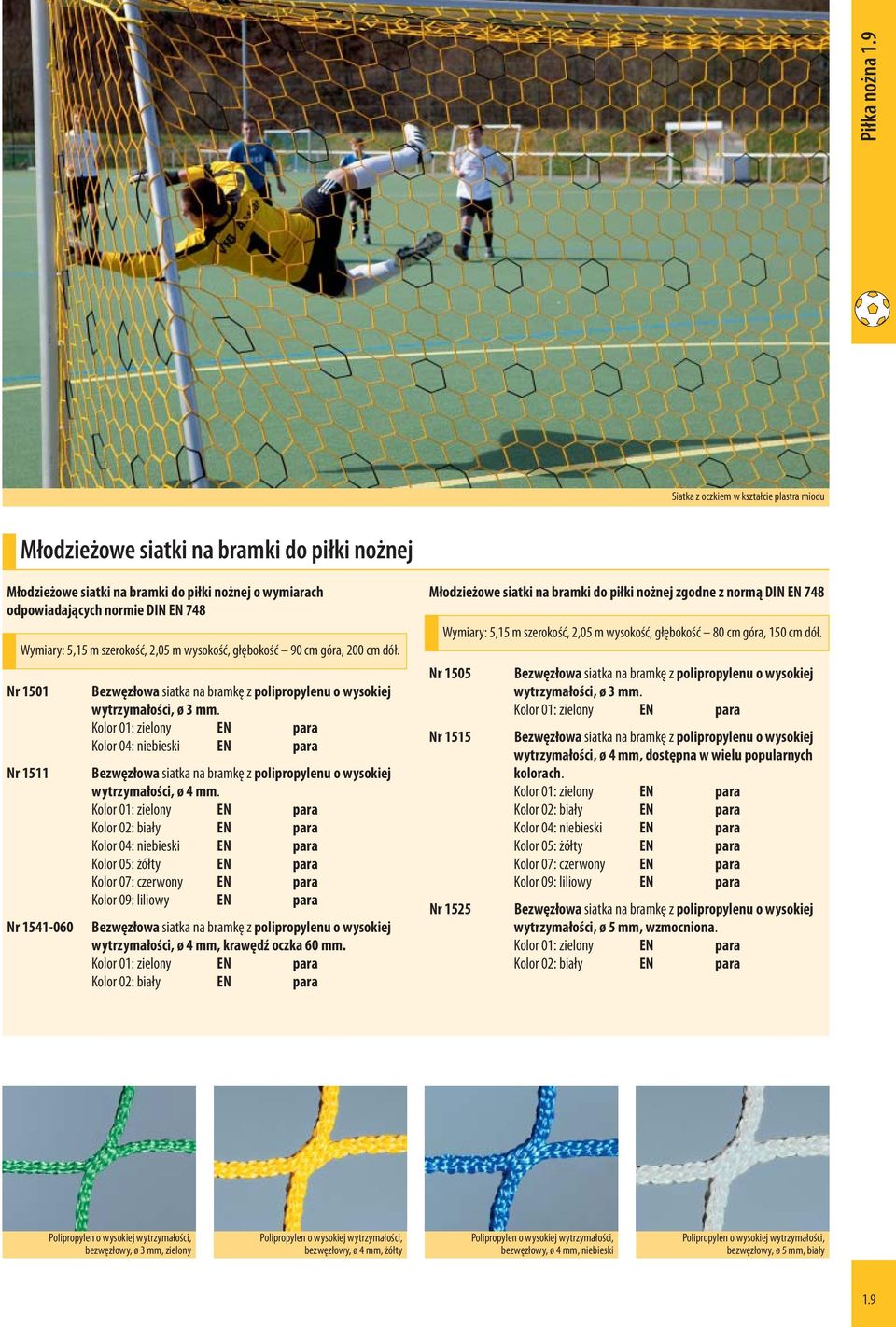 szerokość, 2,05 m wysokość, głębokość 90 cm góra, 200 cm dół. Nr 1501 Nr 1511 Nr 1541-060 Bezwęzłowa siatka na bramkę z polipropylenu o wysokiej wytrzymałości, ø 3 mm.