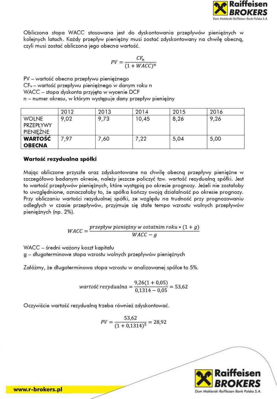 PV wartość obecna przepływu pieniężnego CFn wartość przepływu pieniężnego w danym roku n WACC stopa dyskonta przyjęta w wycenie DCF n numer okresu, w którym występuje dany przepływ pieniężny WOLNE