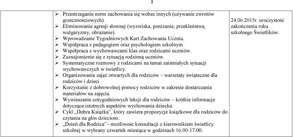 Zaznajomienie się z sytuacją rodzinną uczniów. Systematyczne rozmowy z rodzicami na temat zaistniałych sytuacji wychowawczych w świetlicy.