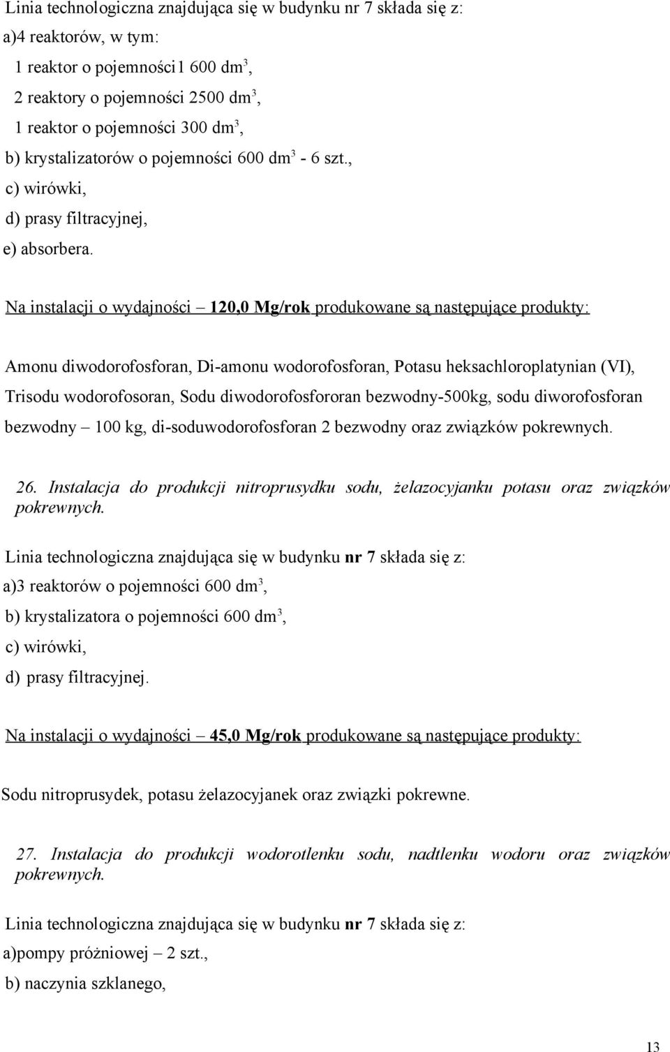 Na instalacji o wydajności 120,0 Mg/rok produkowane są następujące produkty: Amonu diwodorofosforan, Di-amonu wodorofosforan, Potasu heksachloroplatynian (VI), Trisodu wodorofosoran, Sodu