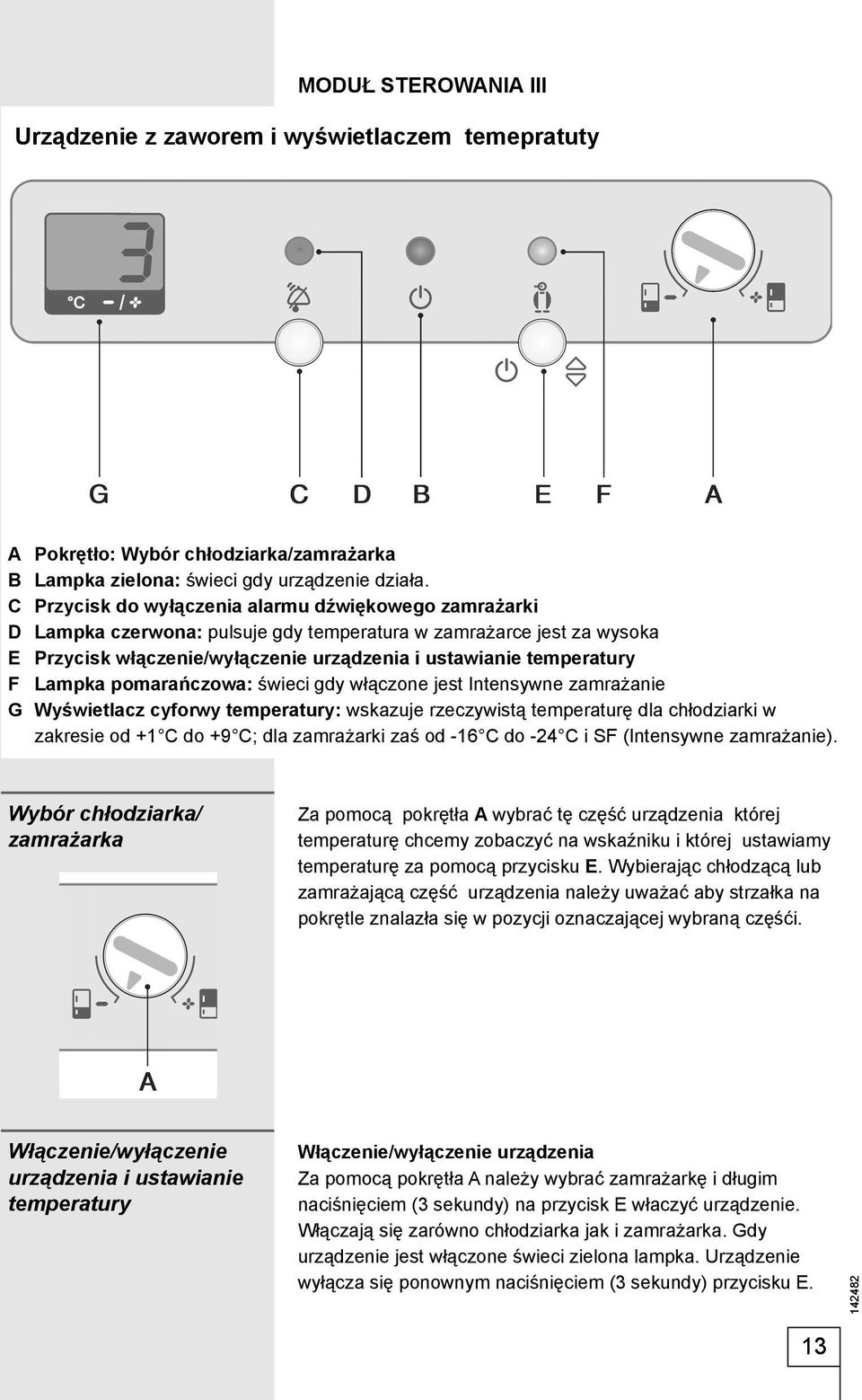 Lampka pomarańczowa: świeci gdy włączone jest Intensywne zamrażanie G Wyświetlacz cyforwy temperatury: wskazuje rzeczywistą temperaturę dla chłodziarki w zakresie od +1 C do +9 C; dla zamrażarki zaś