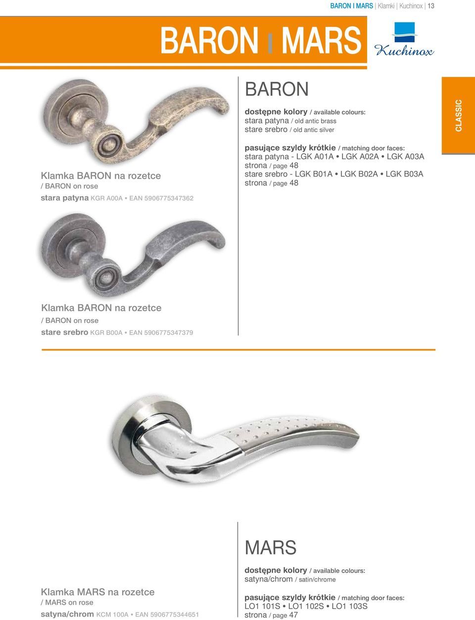 LGK B01A LGK B02A LGK B03A strona / page 48 Klamka BARON na rozetce / BARON on rose stare srebro KGR B00A EAN 5906775347379 MARS Klamka