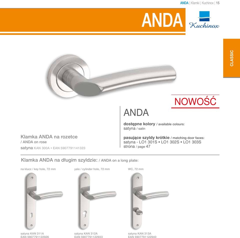 długim szyldzie: / ANDA on a long plate: na klucz / key hole, 72 mm yale / cylinder hole, 72 mm WC, 72