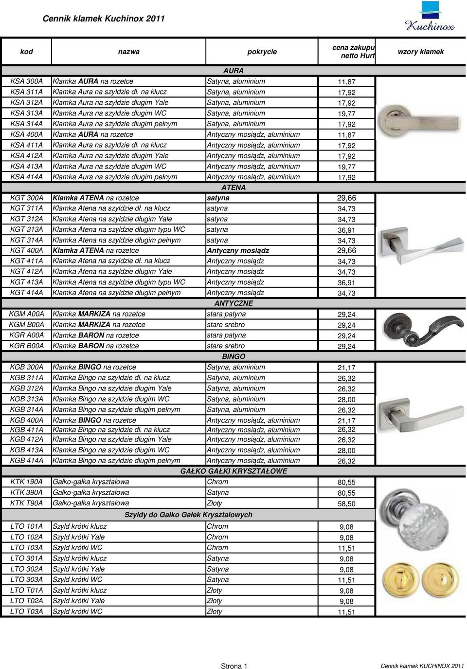 szyldzie długim pełnym Satyna, aluminium 17,92 KSA 400A Klamka AURA na rozetce, aluminium 11,87 KSA 411A Klamka Aura na szyldzie dł.