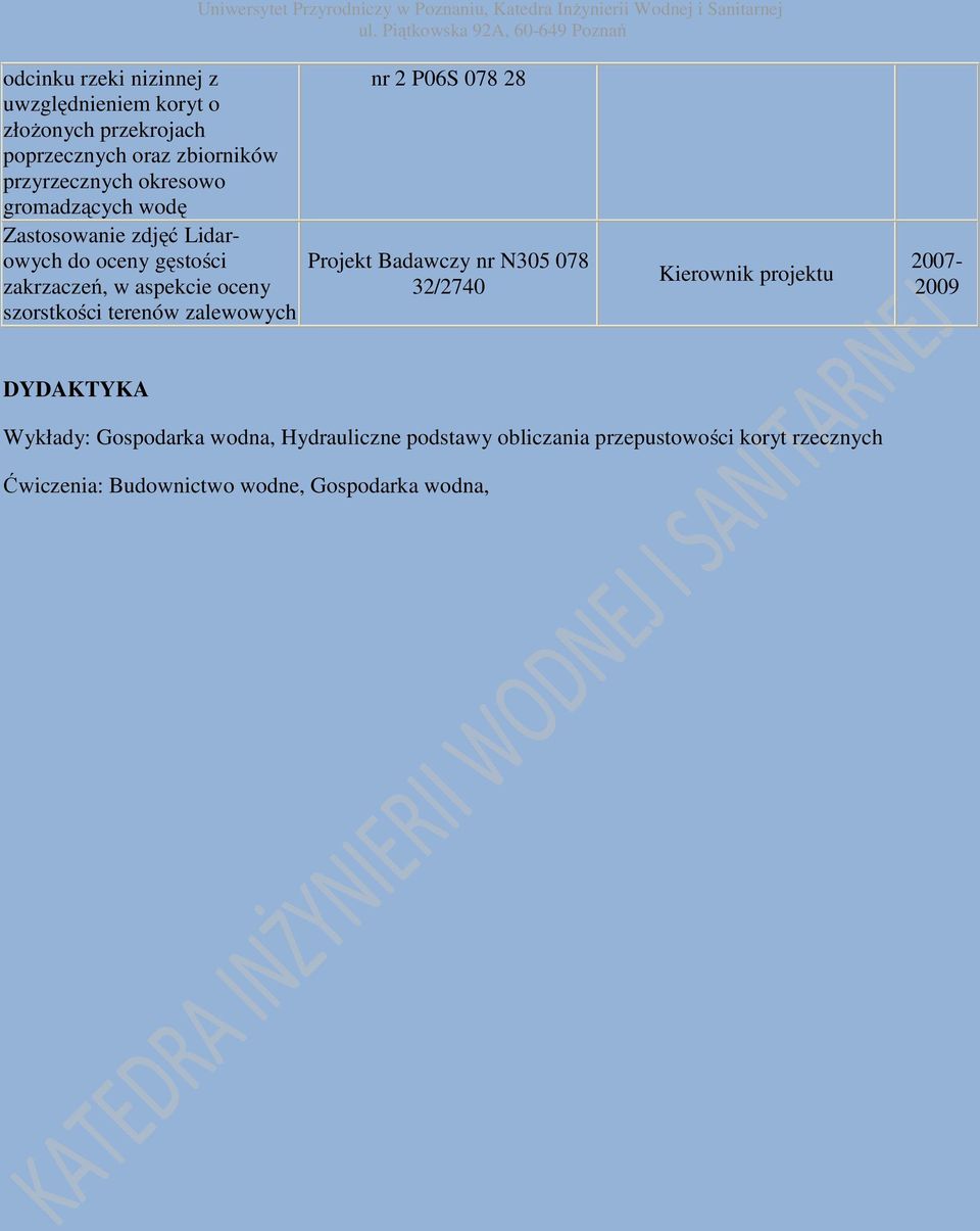 szorstkości terenów zalewowych nr 2 P06S 078 28 Projekt Badawczy nr N305 078 32/2740 2007-2009 DYDAKTYKA Wykłady: