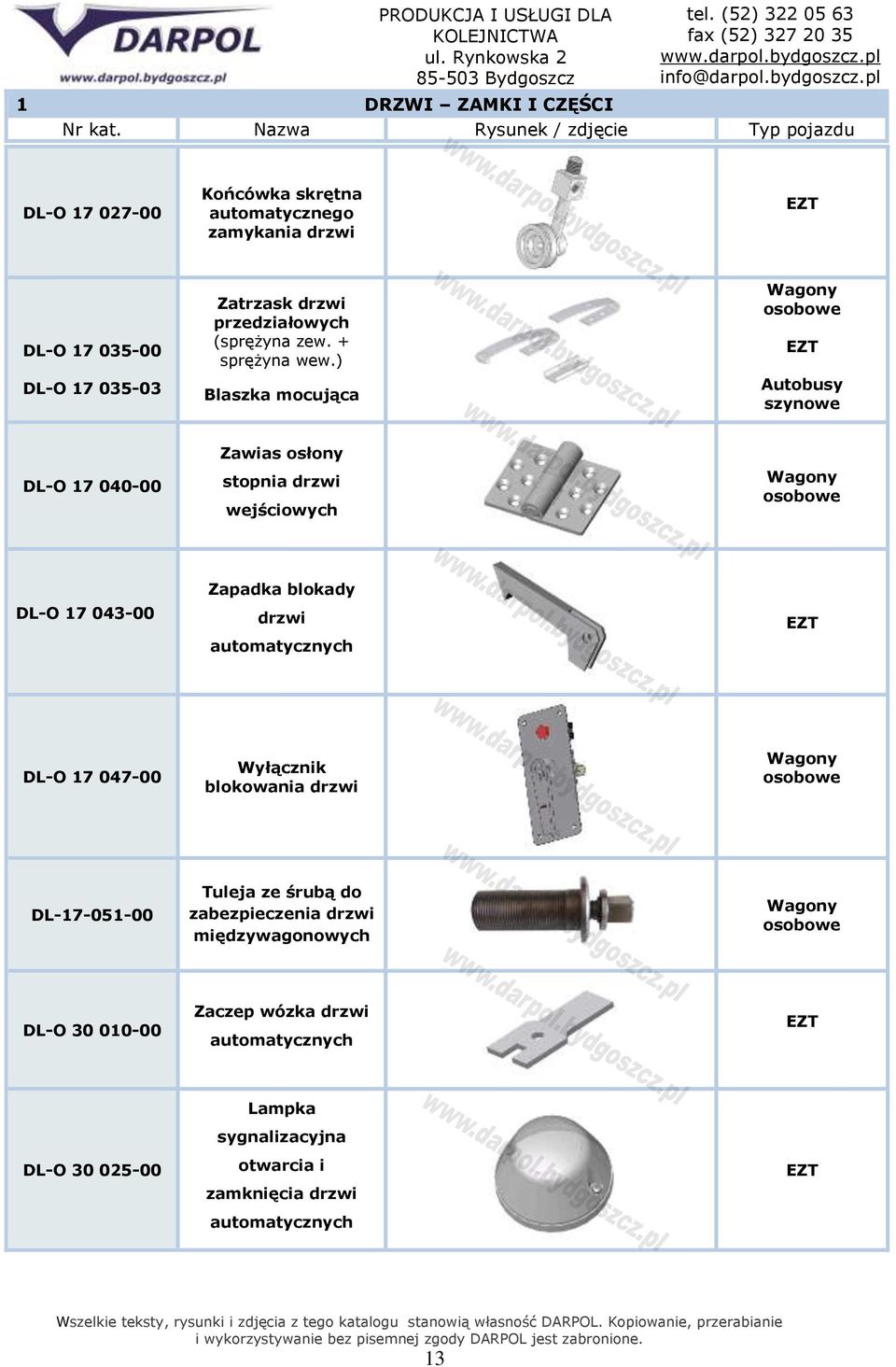 ) Blaszka mocująca DL-O 17 040-00 Zawias osłony stopnia drzwi wejściowych DL-O 17 043-00 Zapadka blokady drzwi automatycznych DL-O 17