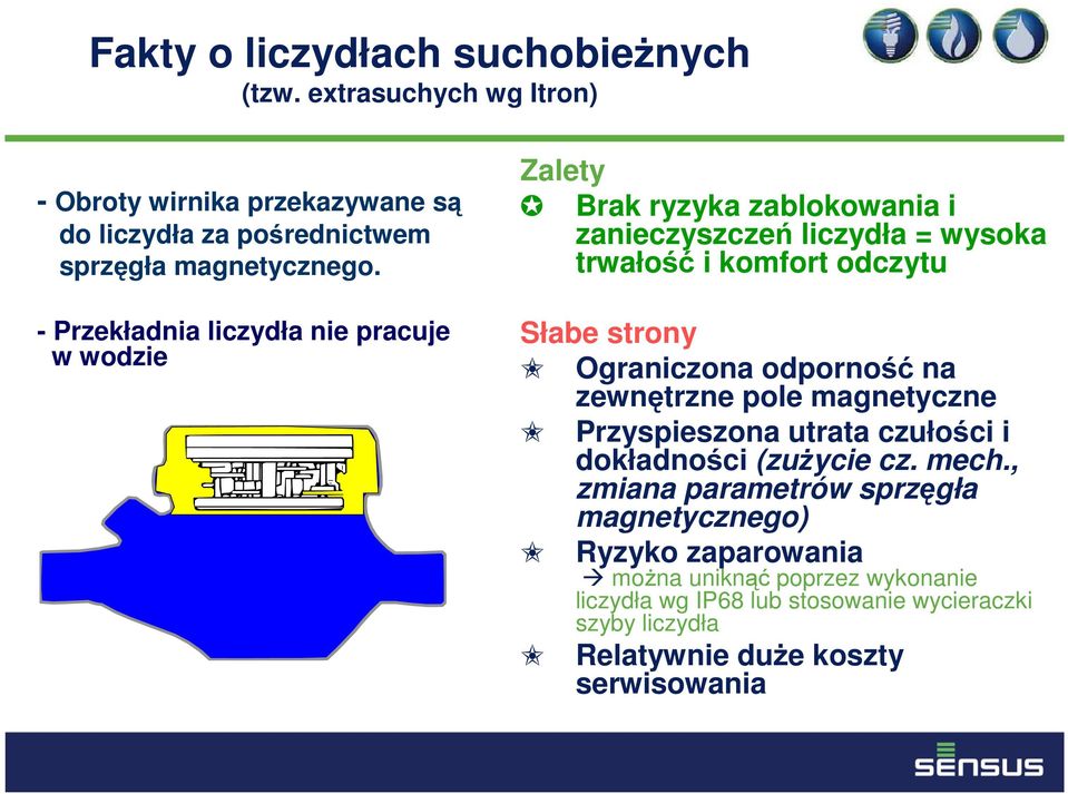 Ograniczona odporność na zewnętrzne pole magnetyczne Przyspieszona utrata czułości i dokładności (zużycie cz. mech.