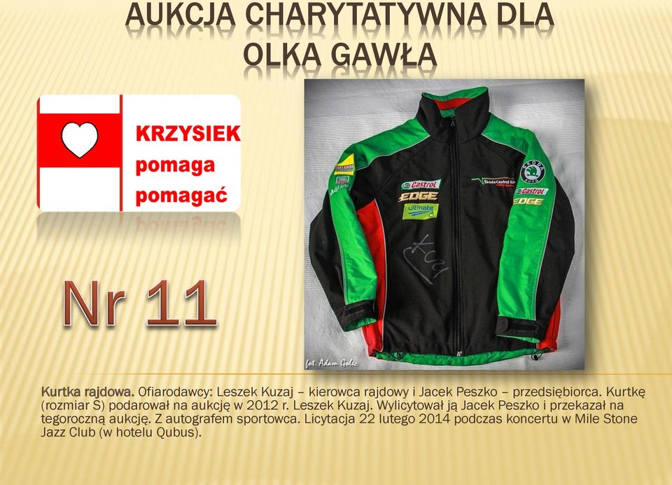 Kurtkę (rozmiar S) podarował na aukcję w 2012 r. Leszek Kuzaj.