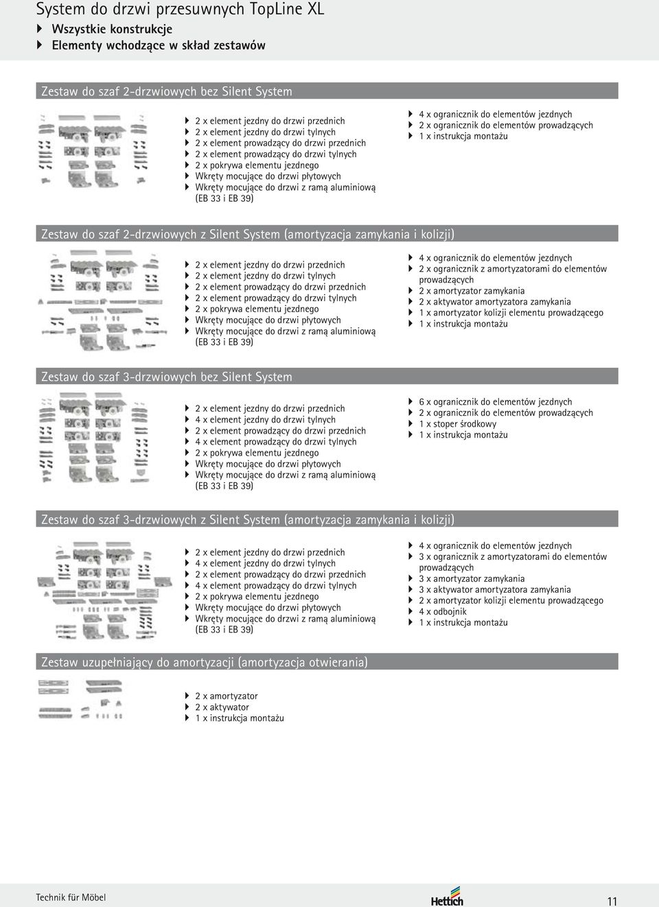 aluminiową ( 33 i 3) 4 x ogranicznik do elementów jezdnych 2 x ogranicznik do elementów prowadzących 1 x instrukcja montażu estaw do szaf 2-drzwiowych z Silent System (amortyzacja zamykania i