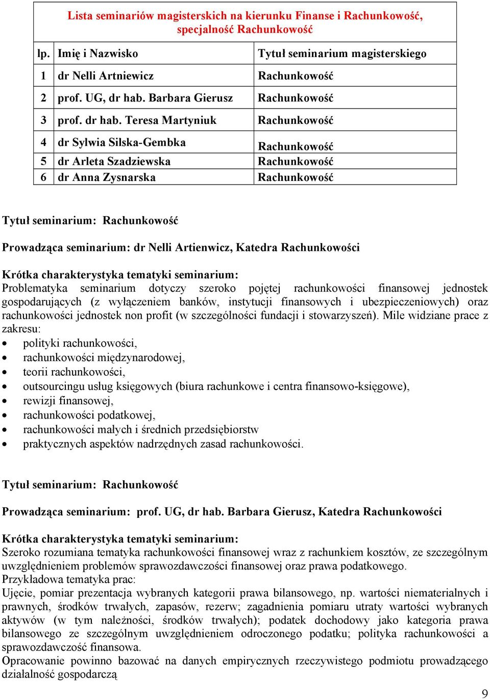 Teresa Martyniuk Rachunkowość 4 dr Sylwia Silska-Gembka Rachunkowość 5 dr Arleta Szadziewska Rachunkowość 6 dr Anna Zysnarska Rachunkowość Tytuł seminarium magisterskiego Tytuł seminarium: