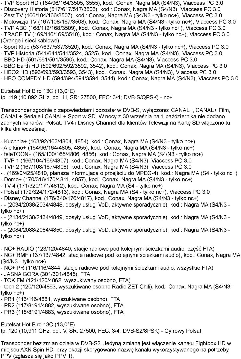 : Conax, Nagra MA (S4/N3 -, (Orange i sieci kablowe) - Sport Klub (537/637/537/3520), kod.: Conax, Nagra MA (S4/N3 -, - TVP Historia (541/641/541/3524, 3525), kod.