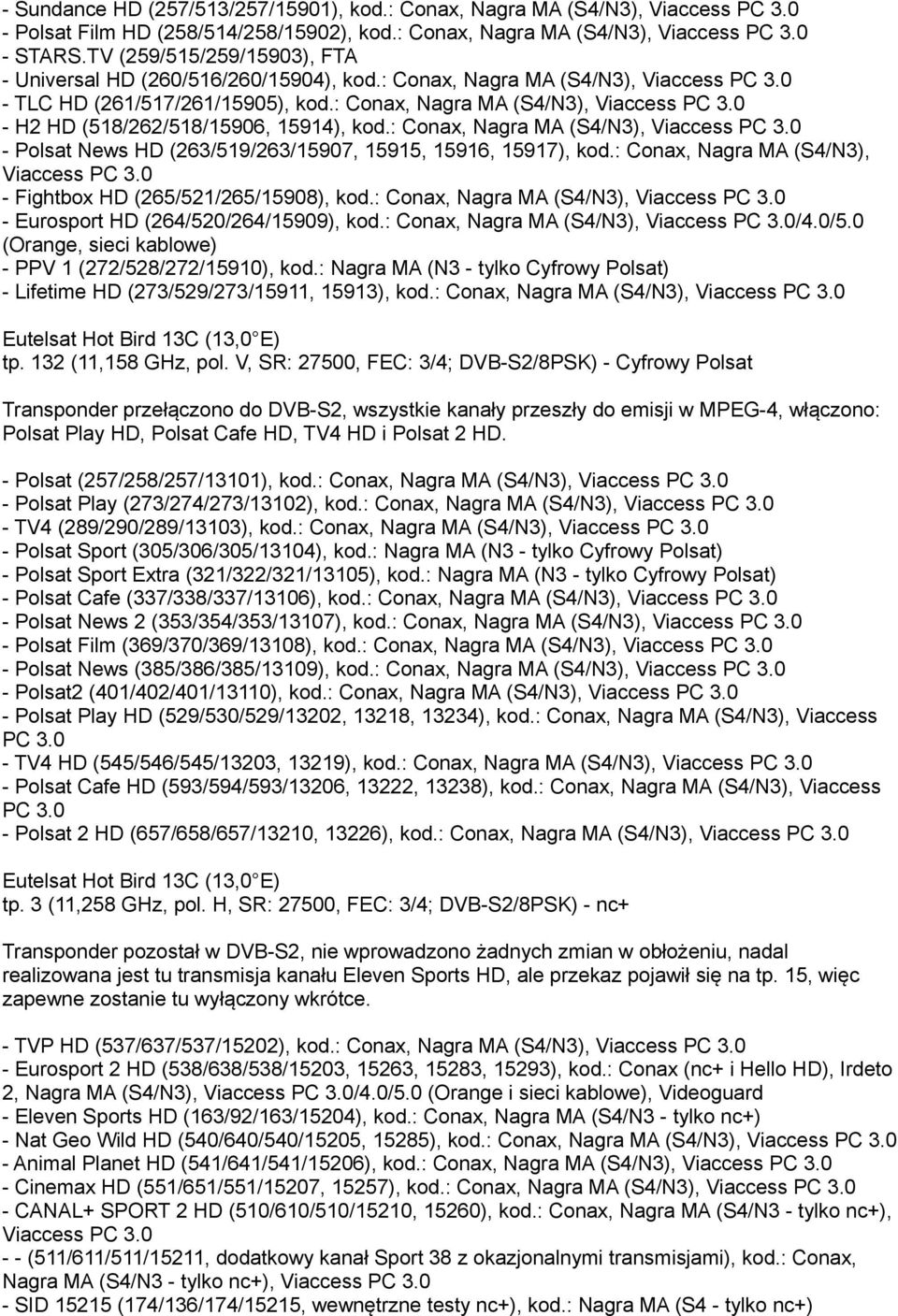 : Conax, Nagra MA (S4/N3), - Polsat News HD (263/519/263/15907, 15915, 15916, 15917), kod.: Conax, Nagra MA (S4/N3), - Fightbox HD (265/521/265/15908), kod.