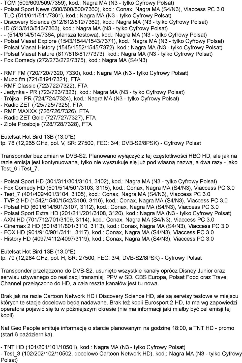 : Nagra MA (N3 - tylko Cyfrowy Polsat) - - (514/614/514/7364, plansza testowa), kod.: Nagra MA (N3 - tylko Cyfrowy Polsat) - Polsat Viasat Explore (1543/1544/1543/7371), kod.