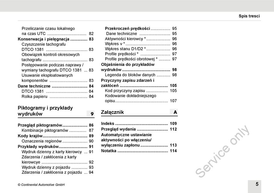 .. 84 Piktogramy i przykłady wydruków Przegląd piktogramów... 86 Kombinacje piktogramów... 87 Kody krajów... 89 Oznaczenia regionów... 90 Przykłady wydruków... 91 Wydruk dzienny z karty kierowcy.