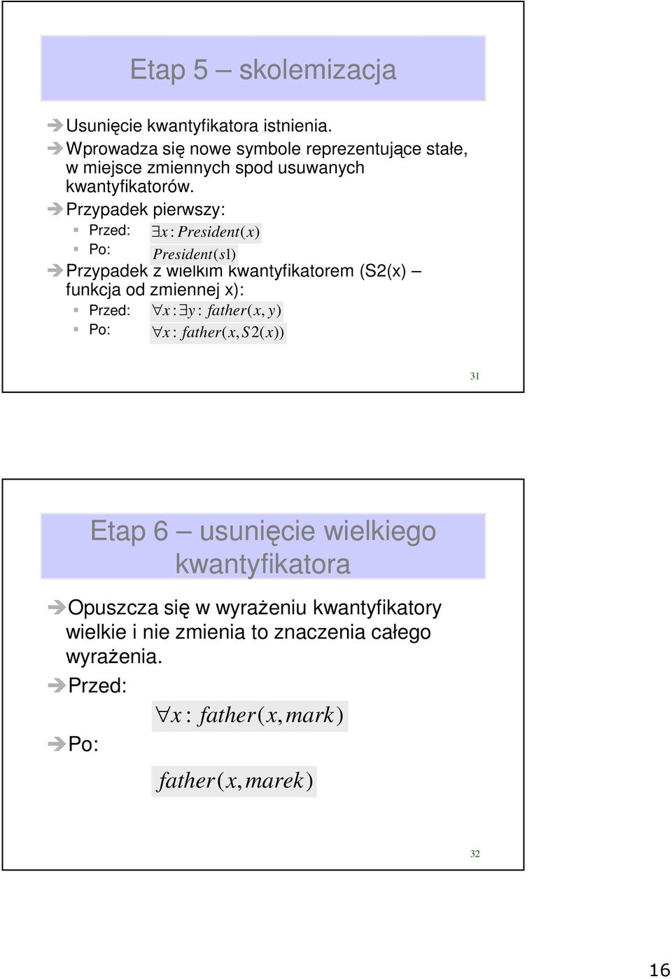 Przypadek pierwszy: Przed: x : President( Po: President(s) Przypadek z wielkim kwantyfikatorem (S2( funkcja od zmiennej :