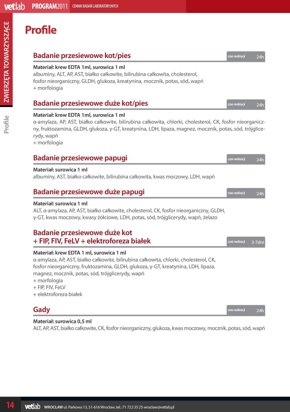 bilirubina całkowita, chlorki, cholesterol, CK, fosfor nieorganiczny, fruktozamina, GLDH, glukoza, γ-gt, kreatynina, LDH, lipaza, magnez, mocznik, potas, sód, trójglicerydy, wapń + morfologia Badanie