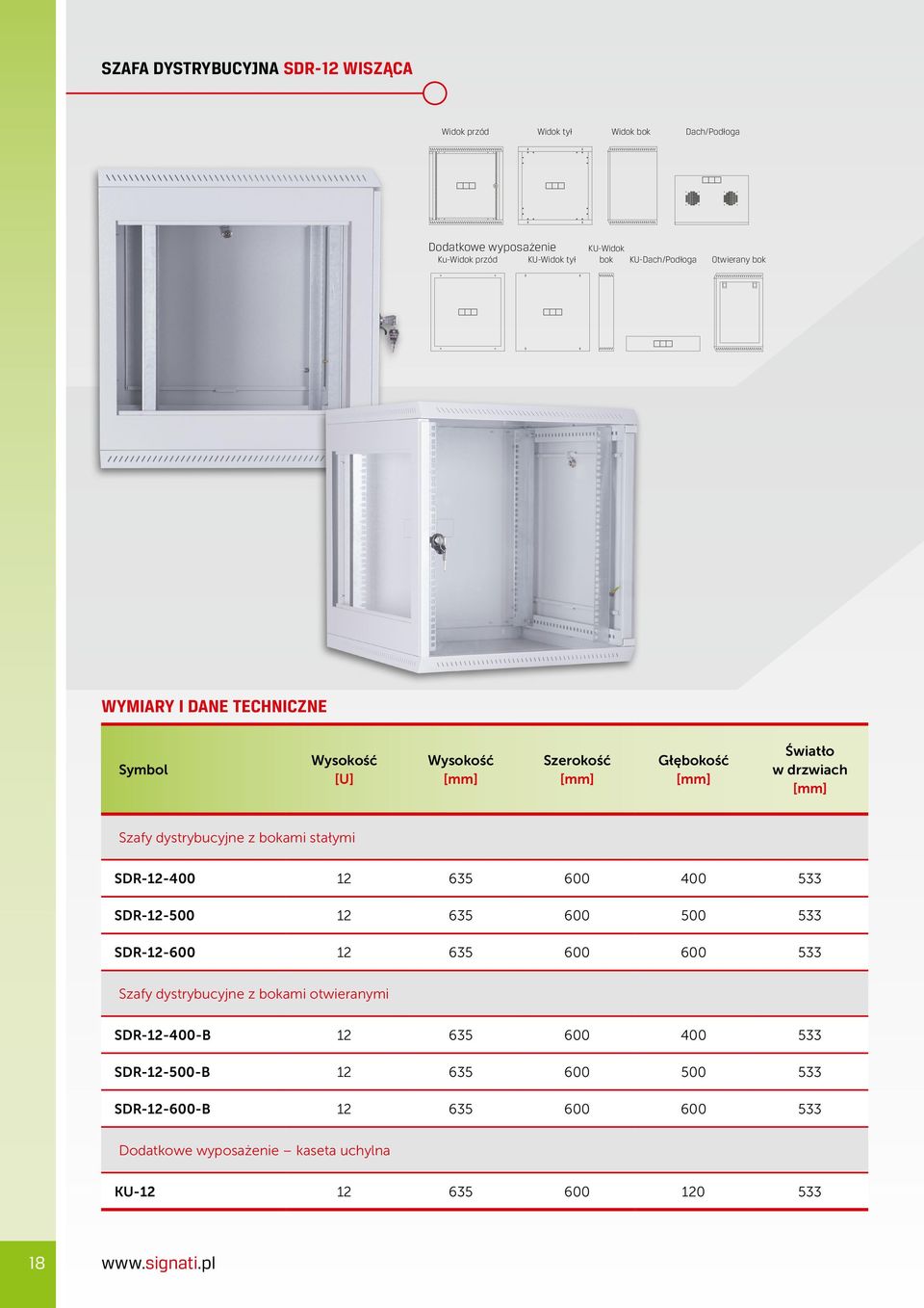 dystrybucyjne z bokami stałymi SDR-12-400 12 635 600 400 533 SDR-12-500 12 635 600 500 533 SDR-12-600 12 635 600 600 533 Szafy dystrybucyjne z bokami otwieranymi