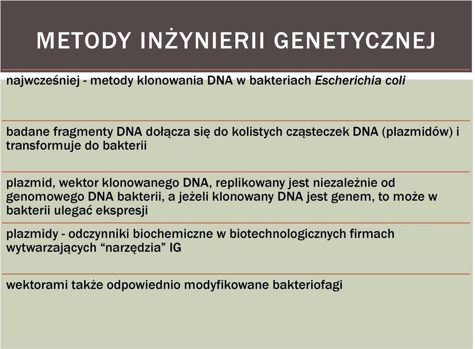 niezależnie od genomowego DNA bakterii, a jeżeli klonowany DNA jest genem, to może w bakterii ulegać ekspresji plazmidy -