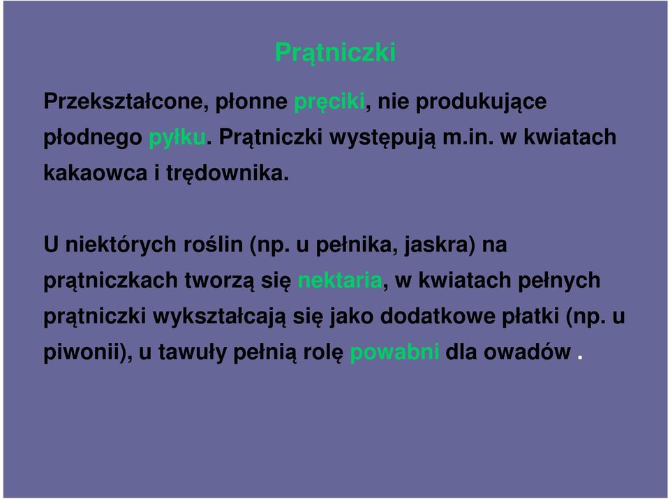 u pełnika, jaskra) na prątniczkach tworzą się nektaria, w kwiatach pełnych prątniczki