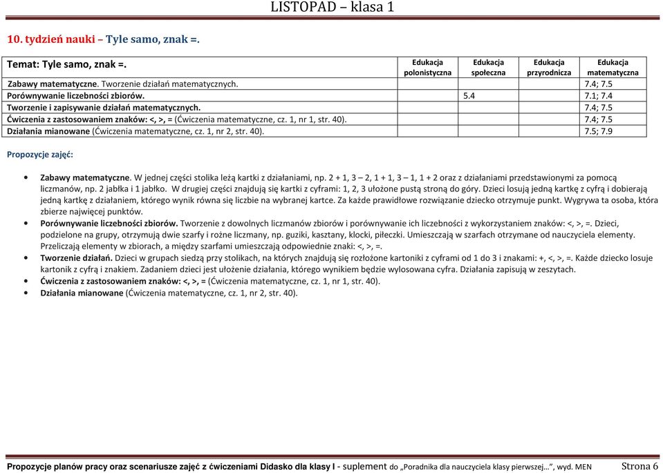 1, nr 2, str. 40). 7.5; 7.9 Zabawy matematyczne. W jednej części stolika leżą kartki z działaniami, np. 2 + 1, 3 2, 1 + 1, 3 1, 1 + 2 oraz z działaniami przedstawionymi za pomocą liczmanów, np.