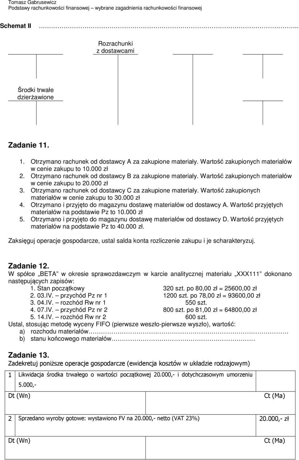 Wartość zakupionych materiałów w cenie zakupu to 30.000 zł 4. Otrzymano i przyjęto do magazynu dostawę materiałów od dostawcy A. Wartość przyjętych materiałów na podstawie Pz to 10.000 zł 5.