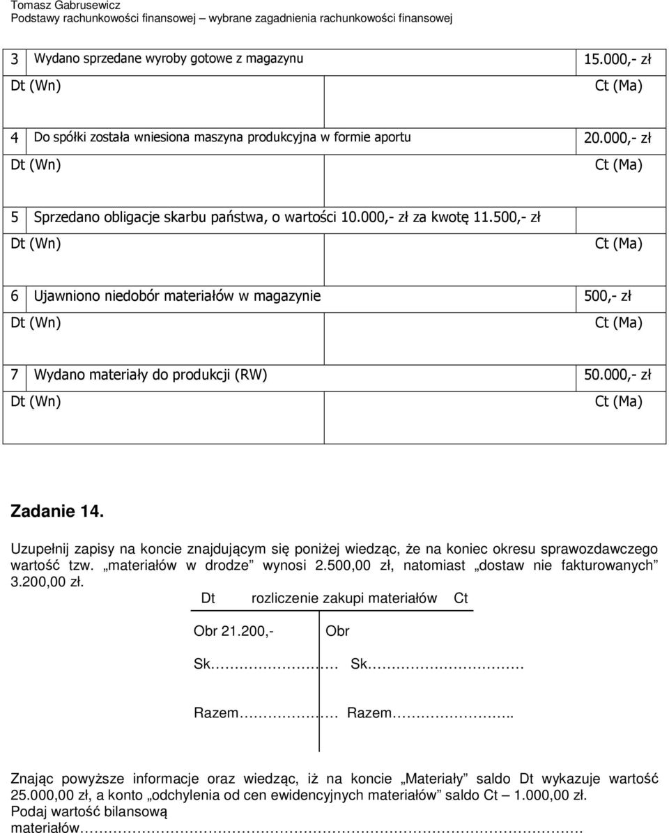 Uzupełnij zapisy na koncie znajdującym się poniżej wiedząc, że na koniec okresu sprawozdawczego wartość tzw. materiałów w drodze wynosi 2.500,00 zł, natomiast dostaw nie fakturowanych 3.200,00 zł.