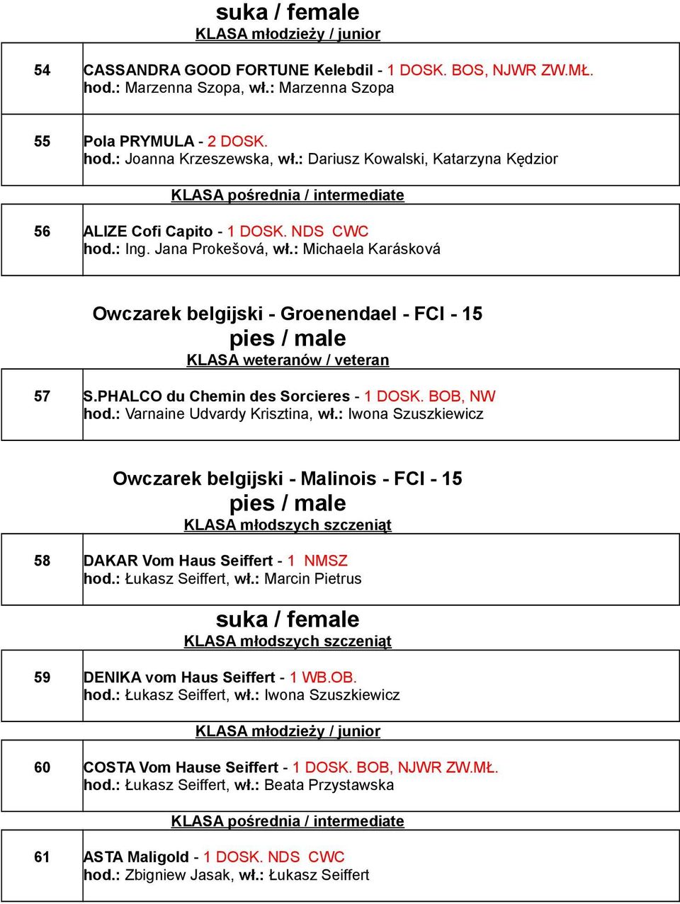 : Michaela Karásková Owczarek belgijski - Groenendael - FCI - 15 KLASA weteranów / veteran 57 S.PHALCO du Chemin des Sorcieres - 1 DOSK. BOB, NW hod.: Varnaine Udvardy Krisztina, wł.