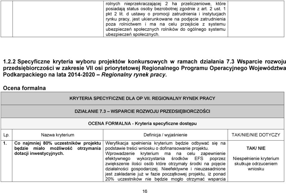 systemu ubezpieczeń społecznych. 1.2.2 Specyficzne kryteria wyboru projektów konkursowych w ramach działania 7.